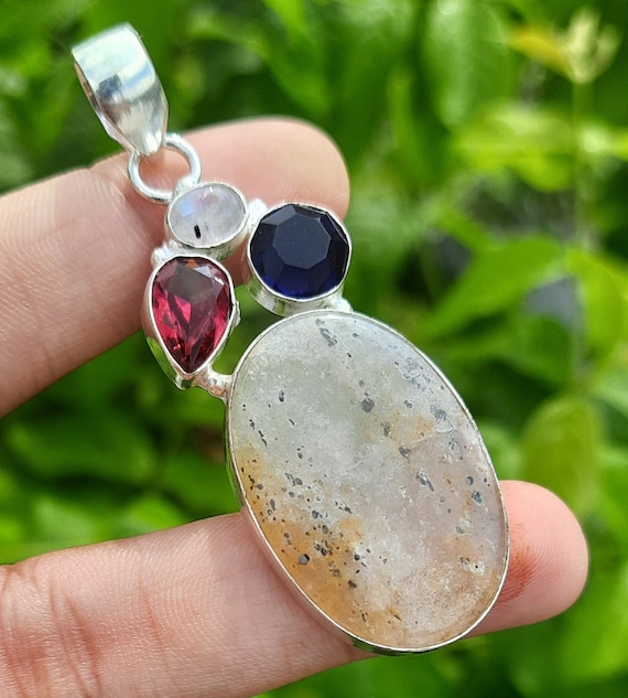 MOSS AGATE pendant, blue SAPPHIRE, garnet,moonstone pendant, gemstone  pendant,handmade jewelry pendant pendant, christmas gift