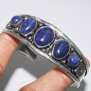 Bracelet jonc en lapis lazuli naturel , Bracelet jonc pierres précieuses , Bracelet manchette ethnique , Bracelet jonc réglable , Bijoux plaqués argent sterling 925