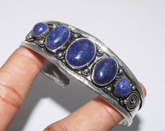 Natural Lapis Lazuli Bangle , Gemstone Bangle , Ethnic Cuff Bracelet , Adjustable Bangle , 925 Sterling Silver Plated Jewelry