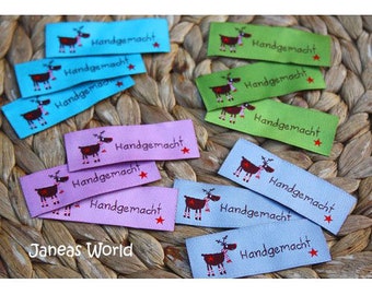 4 x Webetikett  Elch Carlchen, Weihnachten, Schrift: handmade, Label, Aufnäher