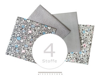 Stoffpaket 4 Stoffe Blümchen grau, Blumen, Punkte, Pünktchen, dots