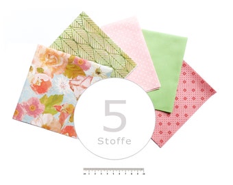 Stoffpaket 5 Stoffe pastell grün / rosa, Blumen, Ornamente, dots, Punkte