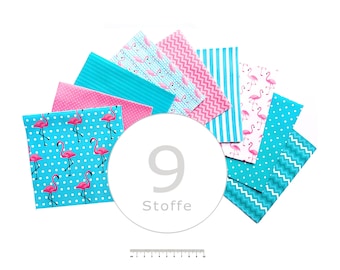 Stoffpaket Flamingo, 9 Stoffe,  aqua, rosa, weiß, versch. Größen