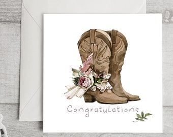 Congratulations! Wedding Card, Cowboy Boots, Cowgirl, Rustic Wedding, Watercolor, Engagement, Bridesmaid