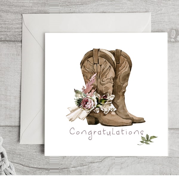 Congratulations! Wedding Card, Cowboy Boots, Cowgirl, Rustic Wedding, Watercolor, Engagement, Bridesmaid