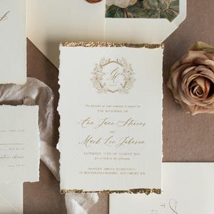Elegant Ivory Rose Wedding Invitations – Fine Art Deckled Edge Gold Invitation Suite
