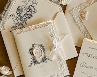 Personalized Golden Wedding Invitations with Vintage Lace, Elegant Ivory Wedding Invite Suite, Luxury Classic Wedding Invitations