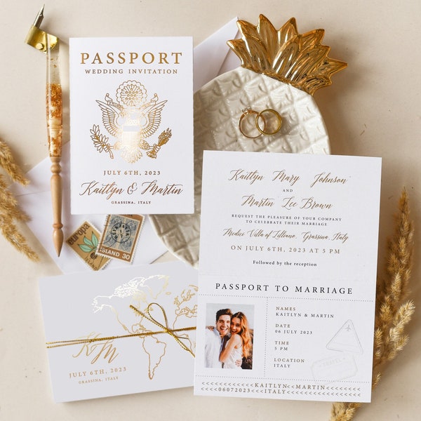 Gold Passport Wedding Invitation, Destination Greece Wedding, Passport Golden Invite, Wedding Invites With Map Ticket Invitation