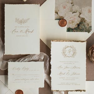 Elegant Ivory Rose Wedding Invitations – Fine Art Deckled Edge Gold Invitation Suite image 1