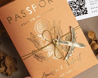 Terracotta Gold Passport Wedding Invitation, Map Wedding Cards Boarding Pass, Burnt Orange Passport Cards Abroad, Destination Invites