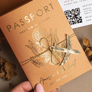 Terracotta Gold Passport Wedding Invitation, Map Wedding Cards Boarding Pass, Burnt Orange Passport Cards Abroad, Destination Invites image 1