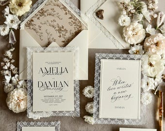 Personalized Golden Wedding Invitations  Vintage Lace, Elegant Ivory Wedding Invite Suite, Luxury Classic Wedding Invitation with rsvp
