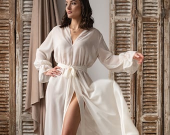 Silk Muslin Bridal robe for wedding with wide  sleeves Bride robe Long white or Ivory robe Satin silk boudoir robe Dressing gown