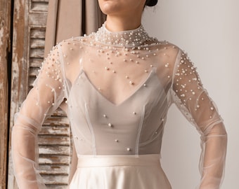 Boléro de mariage en tulle ivoire à manches bouffantes, haussement d'épaules pour femme, mariage, tenue de mariée, chemisier ivoire pour mariée, chemisier en tulle de mariée, robe capalet