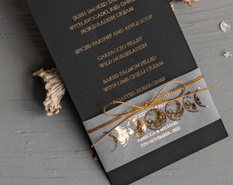 Halloween Wedding Menu Card, Black Wedding Menu, Spooky Halloween Menu, Gothic Wedding Menu Card, Skeleton Wedding Set black and gold, BMoon