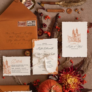 Faire-part de mariage en terre cuite, Faire-part de mariage avec bordure en cuivre taupe, Suite de faire-part de mariage pour lieu personnalisé, Cadeaux de mariage vintage