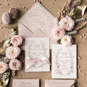 Wildflower Wedding invitations, Vintage Blush Pink Invitation Set, Floral Wreath Wedding Invitations, Romantic Torn Edge Wedding Invites