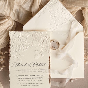 Embossed Ivory Wedding Invitations with Gold Foil and Silk Ribbon – Luxury Invitation Suite rsvp qr code