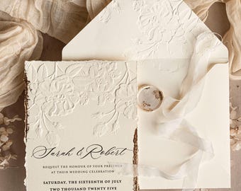 Embossed Ivory Wedding Invitations with Gold Foil and Silk Ribbon – Luxury Invitation Suite rsvp qr code