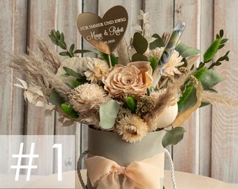 XXL Geschenkschachtel für Geld Geldgeschenk zur Hochzeit mit Strauß aus Trockenblumen personalisiert Reagenzglas für Geld gift box for money