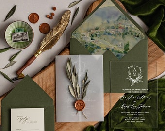 Branche d'olivier Grèce Invitations de mariage, invitations de mariage Toscane, élégantes cartes de mariage Italie verte, ensemble d'invitation de mariage vignoble