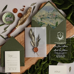 Olijftak Griekenland trouwkaarten, Toscane bruiloft uitnodigingen, elegante groene Italië trouwkaarten, wijngaard bruiloft uitnodigingsset