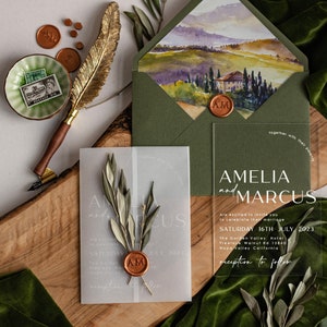 Olive Branch Greece Wedding Invitations, Tuscany Wedding Invites, Elegant Green Italy Wedding Cards, Vineyard Wedding Invite Set