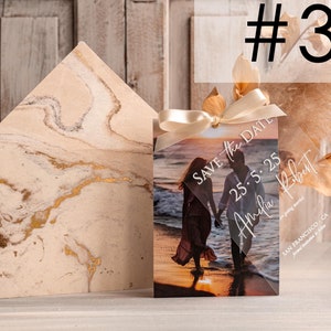 Elegante calendário acrílico salvar os cartões de data com foto personalizado claro plexi casamento salvar nossas datas moderno cartão de convite transparente