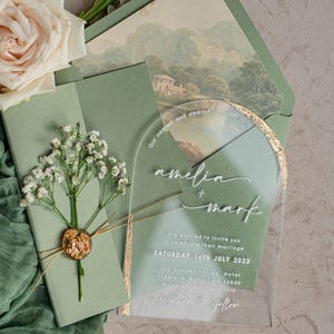 Sage Green Acrylic Wedding Invitations Gold with Gypsophila – Arched Plexi Invite with Baby Breath Flowers