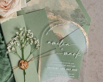 Wedding Invitations Sage Green Acrylic  Gold with Gypsophila – Arched Plexi Invite with Baby Breath Flowers
