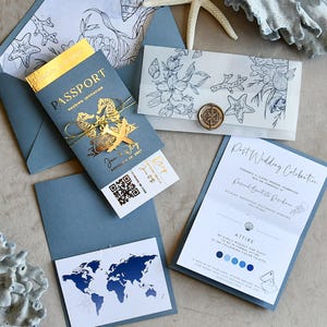 Destination wedding invitations, Blue Passport Travel Wedding Invitation,  Beach wedding abroad Cards Boarding Pass,