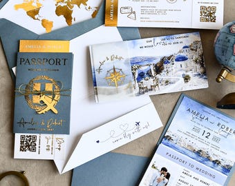 Destination Wedding Invitations blue Santorini Greece Passport Wedding Invitation Suite Boarding Pass