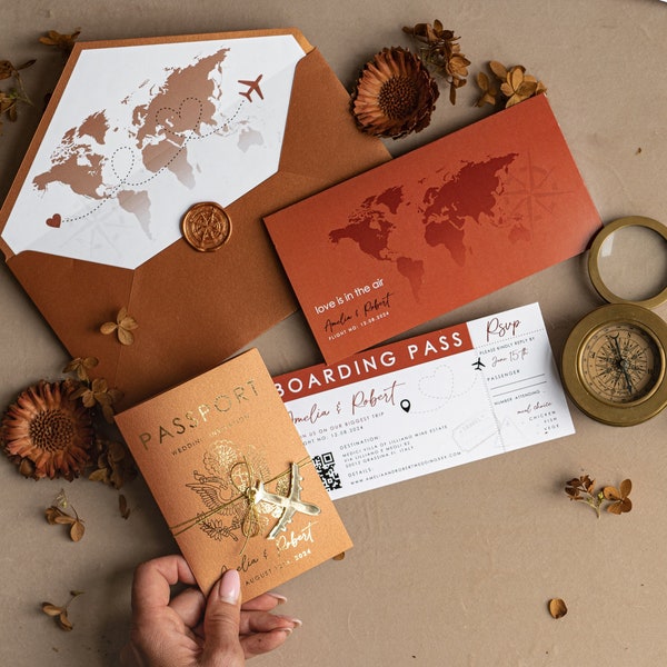 Terracotta Gold Passport Wedding Invitation, Map Wedding Cards Boarding Pass, Burnt Orange Passport Cards Abroad, Destination Invites