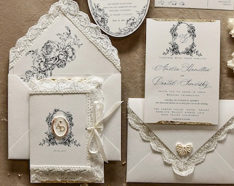 Lace Wedding Invitations with wax seal, Elegant off white Wedding Invite Suite, Vintage Baroqu Wedding Invitation set