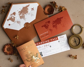 Terracotta Gold Passport Wedding Invitation, Map Wedding Cards Boarding Pass, Burnt Orange Passport Cards Abroad, Destination Invites