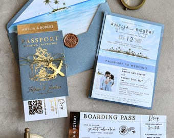 Hochzeitseinladungen im Ausland Palm Tree Passport Strandhochzeitseinladung Bordkarte Bahamas Exuma