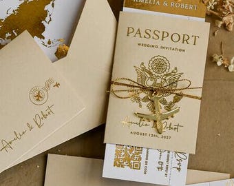 Hochzeitseinladungen im beige-goldenen Reisepass-Design, Hochzeitskarten im Bordkarten-Stil, Hochzeitseinladungen im toskanischen Reisepass-Design für das Ausland, Einladungen zur Hochzeit im Ausland