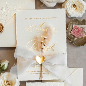 Fine Art Embossed Blind Ivory Golden Wedding Invitation torn chiffon bow and dried flowers, debossed Floral Wedding Invites mirror heart
