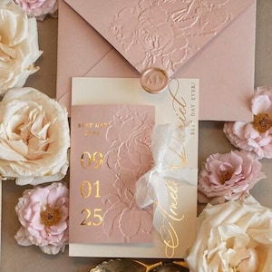 Blush Gold Wedding Invitation chiffon torn bow mirror gold monogram Vellum Wrapping Elegant Roses Wedding Invitation 3D embossed flowers