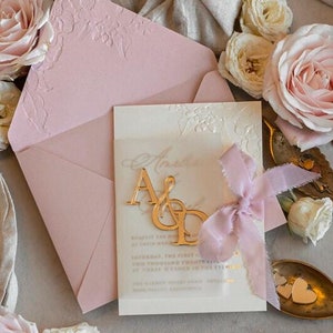 Blush Gold Wedding Invitation chiffon torn bow mirror gold monogram Vellum Wrapping Elegant Roses Wedding Invitation 3D embossed flowers