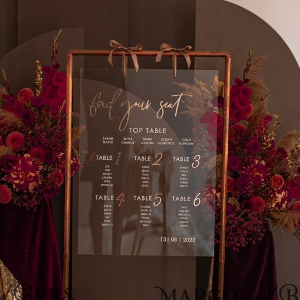 Tableau de plan de table en acrylique, signe de plan de table de mariage moderne en or clair, transparent Trouvez votre siège, signalisation de réception dorée Boho, 8ACC