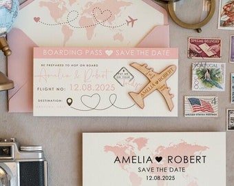 Reise Hochzeit Speichern Sie die Daten Bordkarte Speichern Sie unsere Datum Karten Magnete Flugzeug personalisierte hölzerne Ziel im Ausland Hochzeit