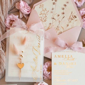 Bespoke Blush Pink Ivory Golden Wedding Invitation set with rsvp, Garden Wild Flowers Etui Wedding Invite Suite Boho Invites suite silk bow