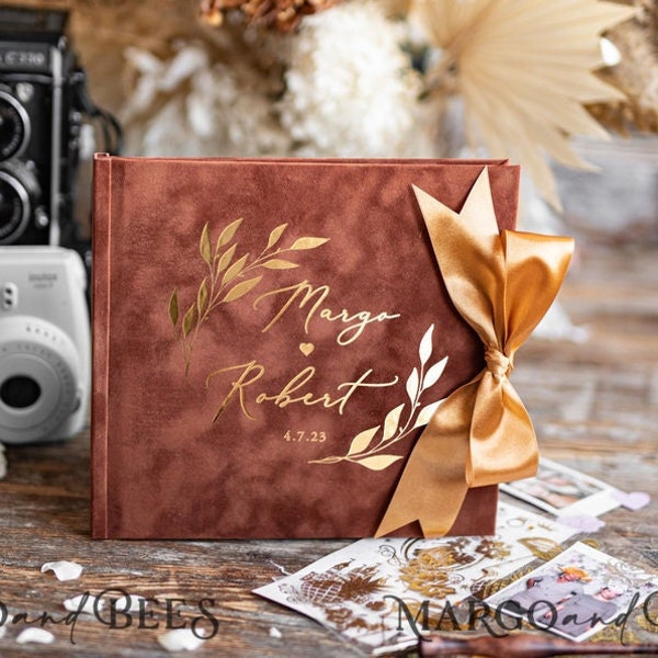 Terracotta Boho Instax velours Livre d'or de mariage Or, Burnt Orange Instant Wedding Guest Book, Polaroid velvet Guestbook Rust Golden wedding