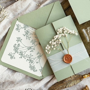 Elegant Baby's Breath Wedding Invitations Sage Green wedding Invites gypsophila wedding invitation suite Modern Boho floral wedding card