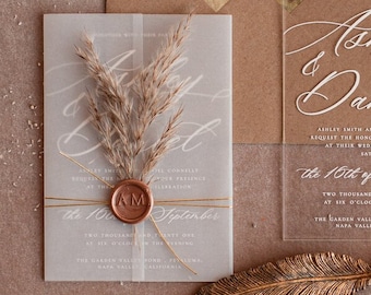 Fine Art Acrylic Wedding Invitation, Real Pampas Grass Floral Wedding Invitation, boho Provence Invitation, Neutral beige invitation set