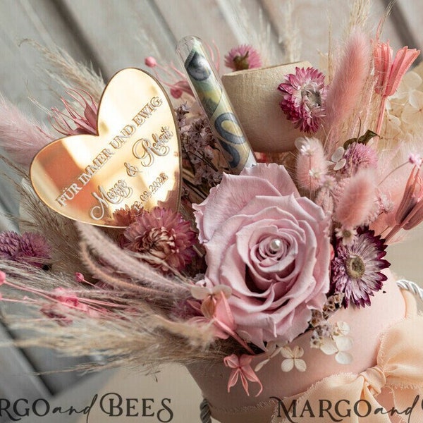 XXL Geschenkschachtel für Geld Geldgeschenk zur Hochzeit mit Strauß aus Trockenblumen personalisiert Reagenzglas für Geld gift box for money