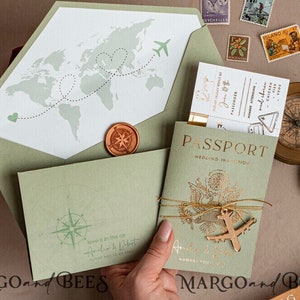 grüne Gold Passport Hochzeitseinladung, Goldene Grünzeug-Flugzeug-Hochzeitskarten Boarding Pass, Reisepass-Hochzeitseinladungen im Ausland