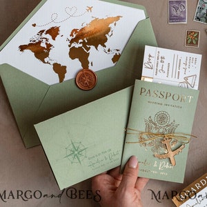 Gold  Sage Green Passport Travel Wedding Invitation, wedding abroad Boarding Pass, Plane ticket Tag Invitations, Destination wedding cards