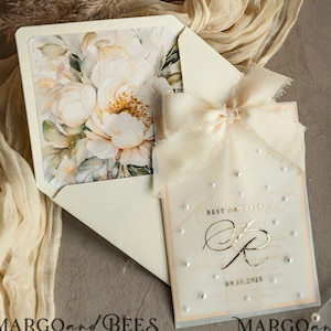 Ivory Chiffon bow beaded bespoke Elegant Ecru Gold Wedding Invitation Suite, White Pearls Golden Wedding Cards Vellum etui monogram Peonies
